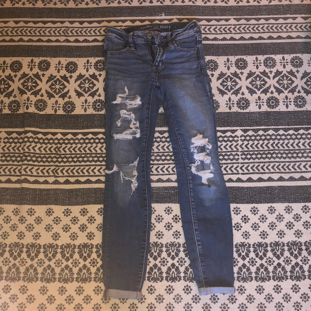 American Eagle Blue Ripped Jeans Size: 0